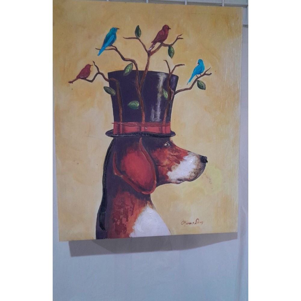 Christine Marcus Stone Embellished Giclee 20x16 Inch Canvas Whimsical Dog Birds